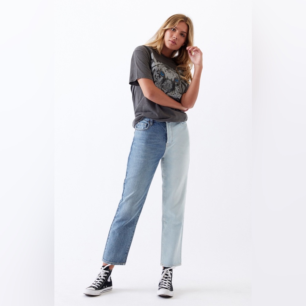 Two tone jeans dual panel design contrast straight leg fit